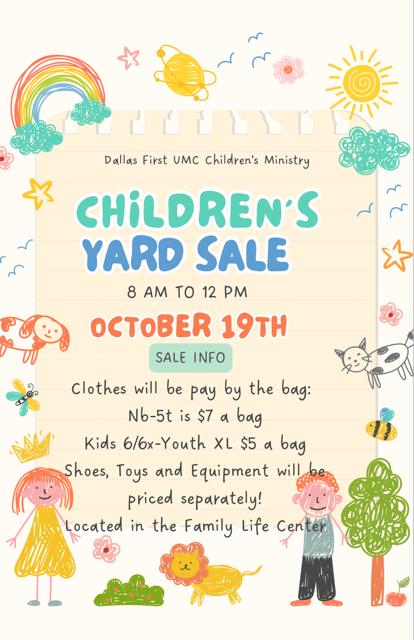 Children’s Ministry Yard Sale Fundraiser- October 19, 2024