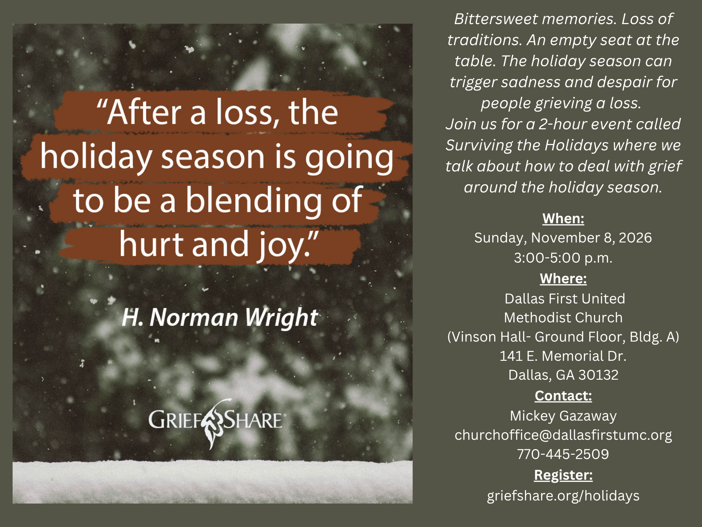 Griefshare: Surviving the Holidays – November 8, 2026